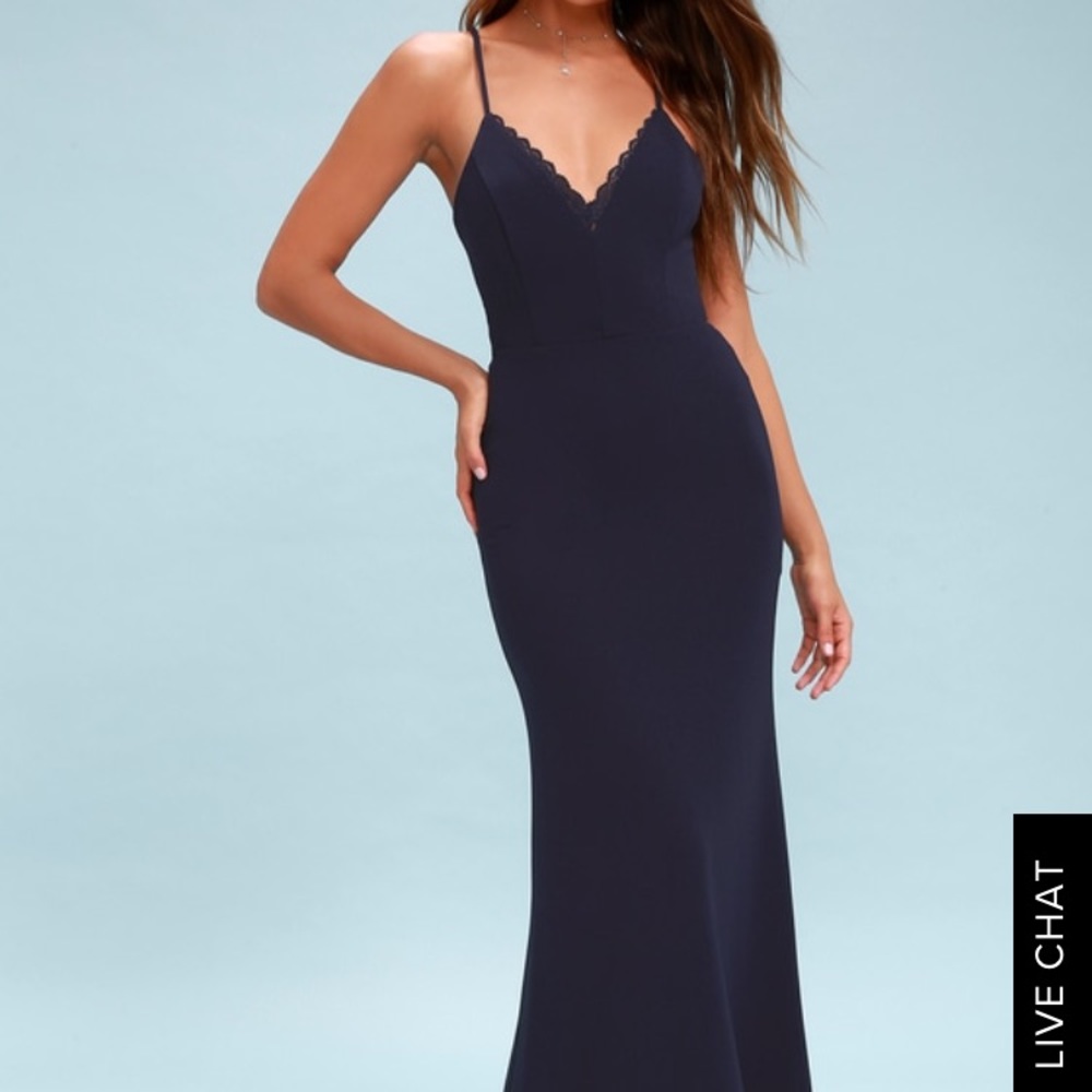 LULU’S LOVE STORY NAVY BLUE BACKLESS LACE MAXI